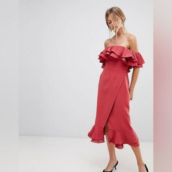 C/Meo Collective‎ Rose Immerse Off The Shoulder Layered Ruffle Midi Sheath Dress - Picture 11 of 13